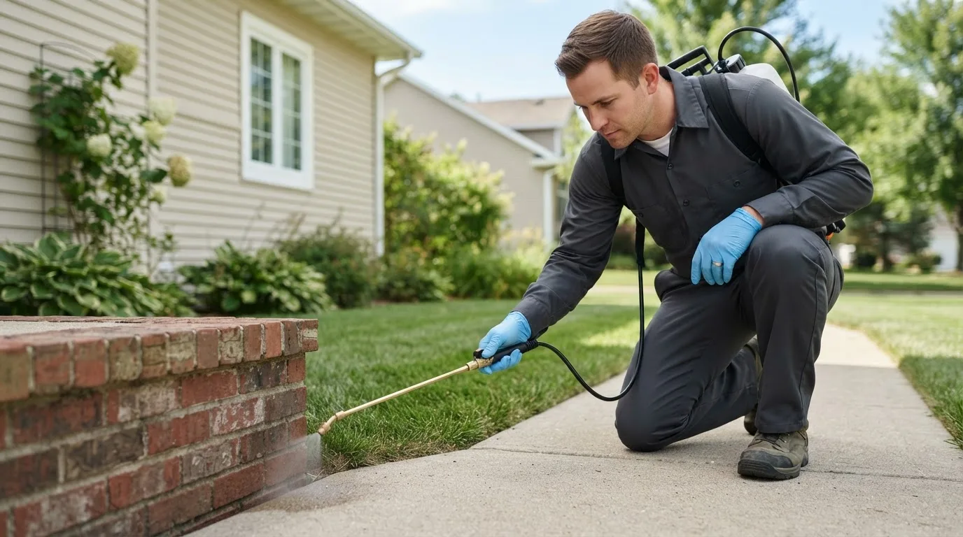 Pest control technician treating a home near College Springs, IA