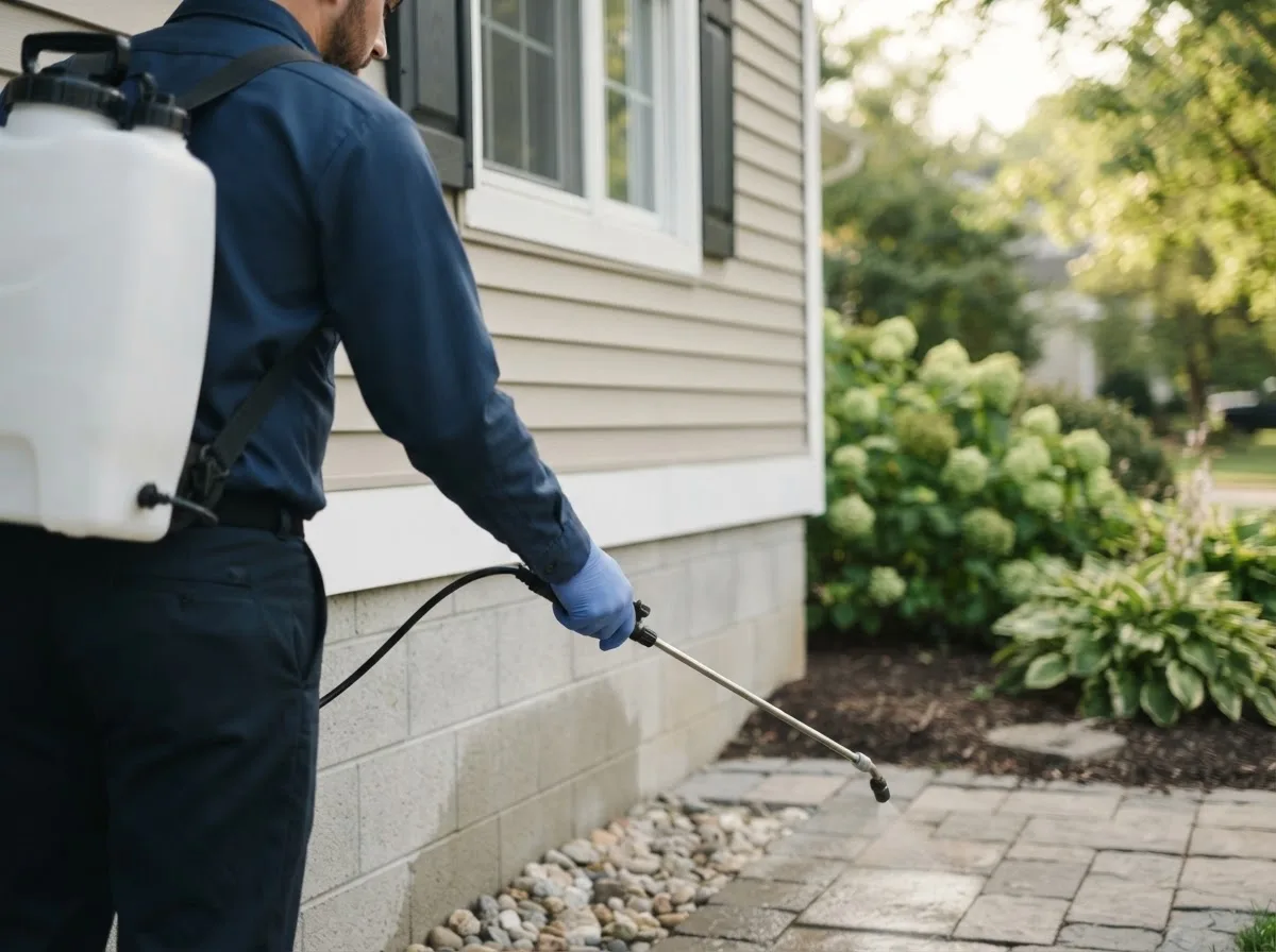 Pest control technician inspecting a home in College Springs, IA